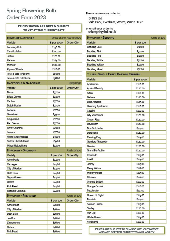 Spring Flowering Bulbs Order form